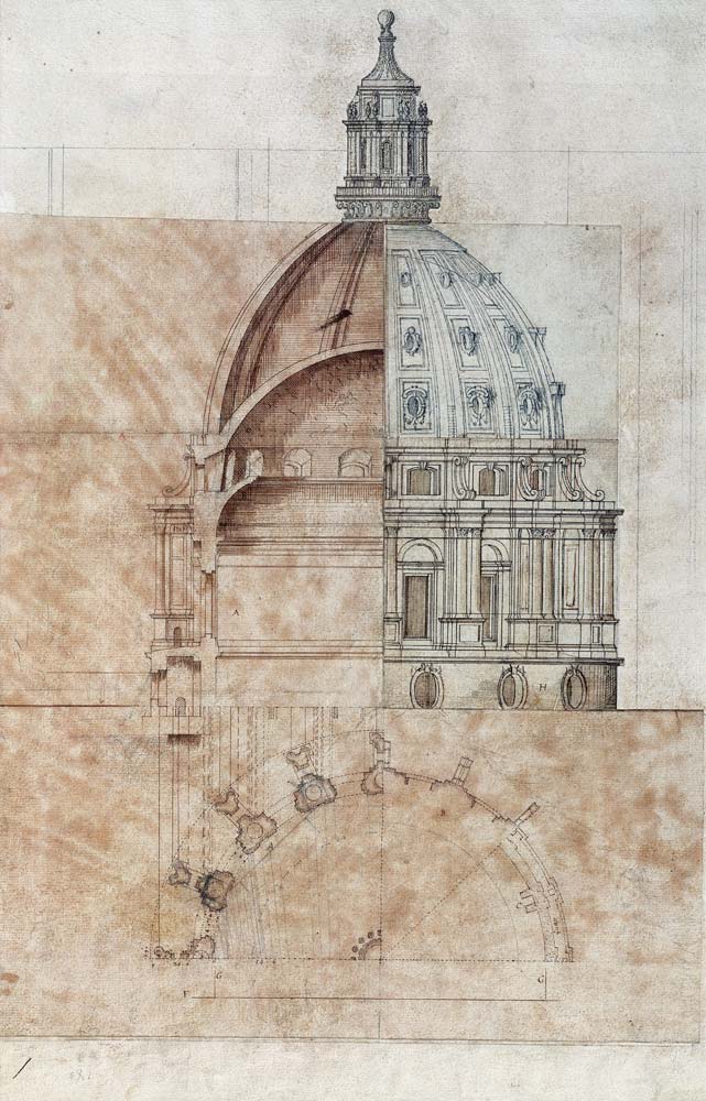 The 'Definitive Design': section, elevation and half plan of St. Paul's Cathedral dome cil on à Sir Christopher Wren