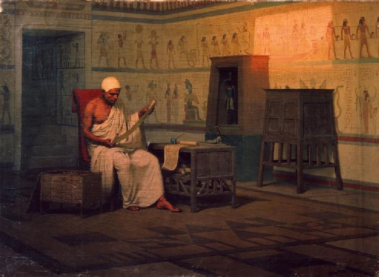 Egyptian priest reading a papyrus à Stepan Wladislawowitsch Bakalowitsch