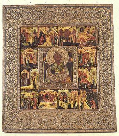 Russian icon depicting St.Nicholas, within a surround of 12 scenes from the life of Christ à École de Stroganov