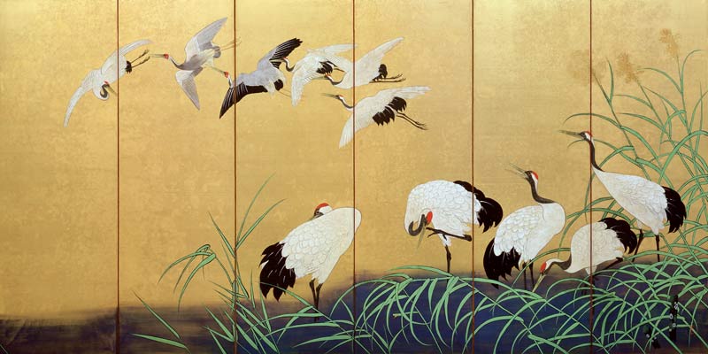Six-Fold Screen Depicting Reeds and Cranes, Edo period, Japanese, 19th century à Suzuki Kiitsu