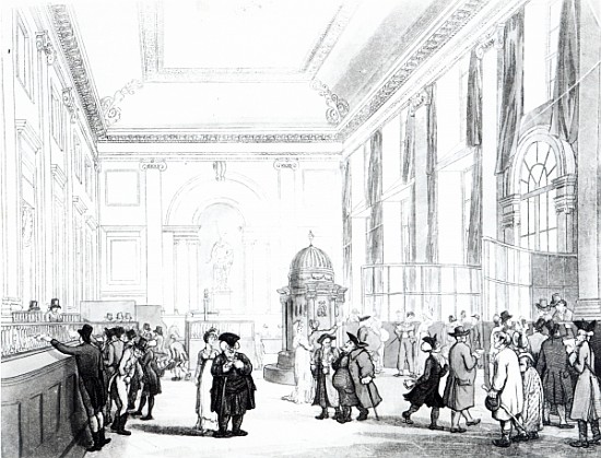 Bank of England, Great Hall, from Ackermann''s ''Microcosm of London'' à T. (1756-1827) Rowlandson