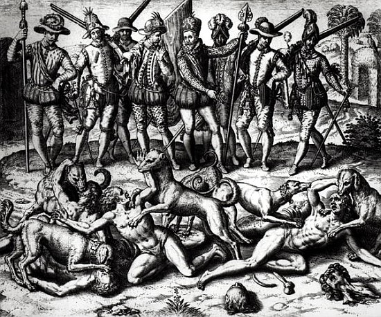 The dogs of Vasco Nunez de Balboa (1475-1571) attacking the Indians à Theodore de Bry