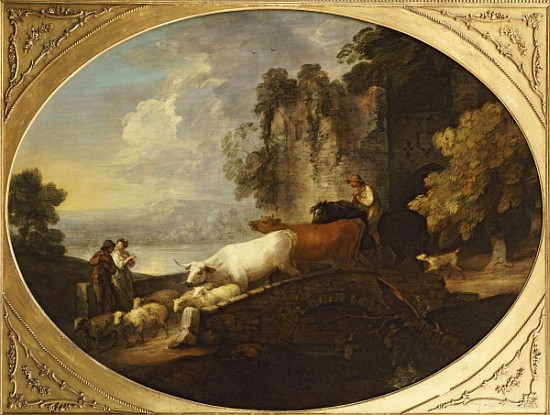 A River Landscape with Rustic Lovers, a Mounted Herdsman Driving Cattle and Sheep over a Bridge with à Thomas Gainsborough