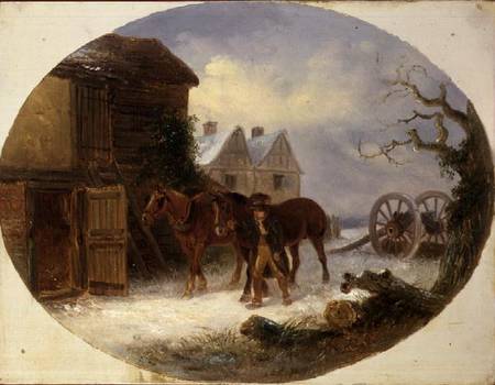 Boy leading horses to a barn in the snow à Thomas Smythe