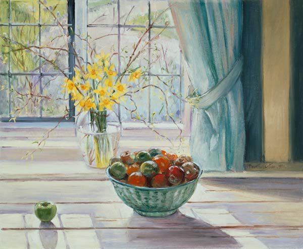 Fruit Bowl with Spring Flowers, 1990 (oil on canvas)  à Timothy  Easton