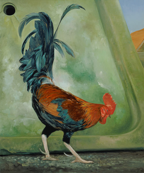 Popinjay, detail showing cockerel, 1987 (oil on canvas)  à Timothy  Easton