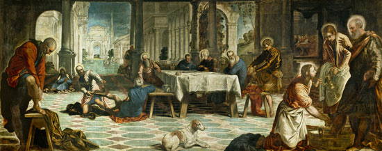 Christ nettoyant les pieds des disciples - Jacopo Robusti, dit le Tintoret  en reproduction imprimée ou copie peinte à l\'huile sur toile