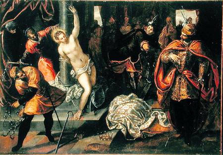 Saint Catherine of Alexandria being whipped in the presence of Emperor Maxentius à Tintoretto (alias Jacopo Robusti, alias Le Tintoret)