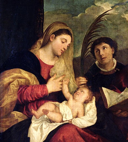 Madonna and Child with SS. Stephen, Jerome and Maurice (detail of 108505) à Le Titien (alias Tiziano Vecellio)