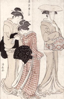 Young woman wearing a wide straw hat, followed by a servant and a companion carrying a 'furoshiki', à Torii Kiyonaga