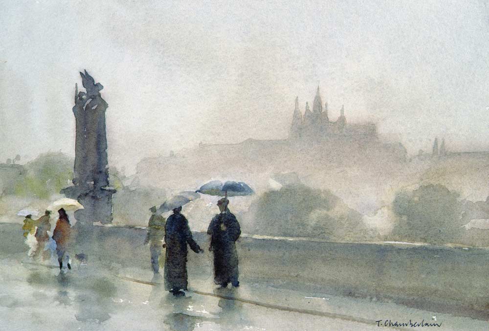 Umbrellas, Charles Bridge, Prague (w/c o - Trevor Chamberlain en  reproduction imprimée ou copie peinte à l\'huile sur toile