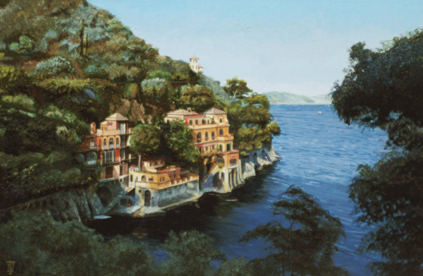 Villa, Portofino, From Hotel Picolo, Liguria, 1998 (oil on canvas)  à Trevor  Neal