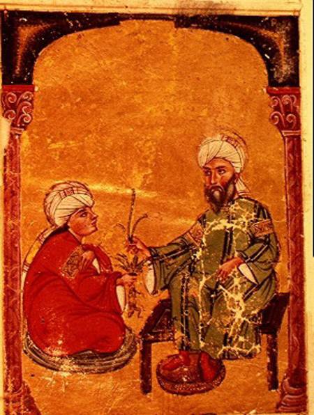 Sultan Ahmet III (1673-1736) with one of his disciples, from 'De Materia Medica' by Dioscorides à École turque, 18ème siècle