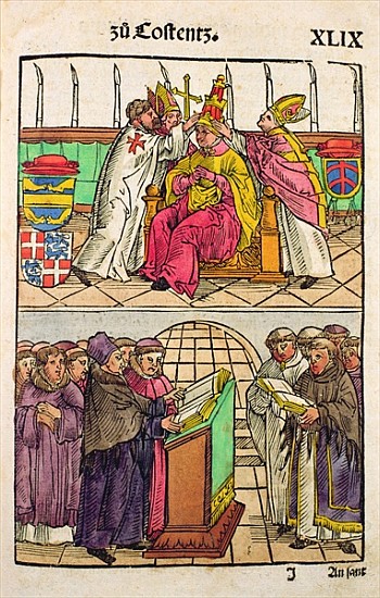 Pope Martin V is installed to the Papacy at the Council of Constance, from ''Chronik des Konzils von à Ulrich von Richental