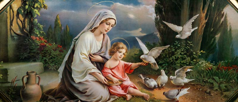 Marie et l'enfant Jésus jouant avec des pigeons dans un paysage idéalisé à (autour de 1900) Auteur anonyme