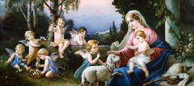 Marie avec l'enfant Jésus, mouton et angelots dans un paysage idéalisé.