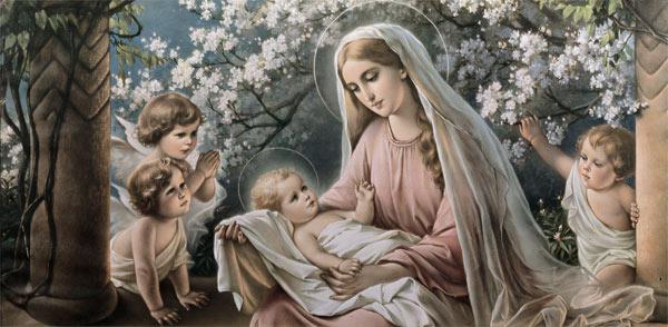 Marie sous le cerisier avec des enfant Jésus et des anges