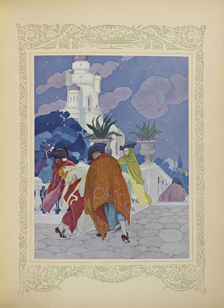 Four masked men carried her to the top of the tower, illustration from Contes du Temps Jadis, or Tal à Umberto Brunelleschi
