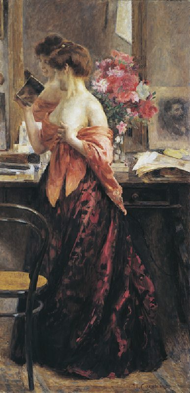The mirror and the woman, 1903, by Umberto Coromaldi (1870-1948), oil on canvas, 203x100 cm. Italy,  à Umberto Coromaldi