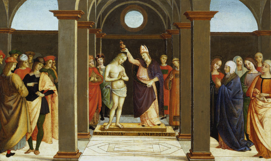 St. Ambrose baptises St. Augustine à Maître ombrien vers 1500