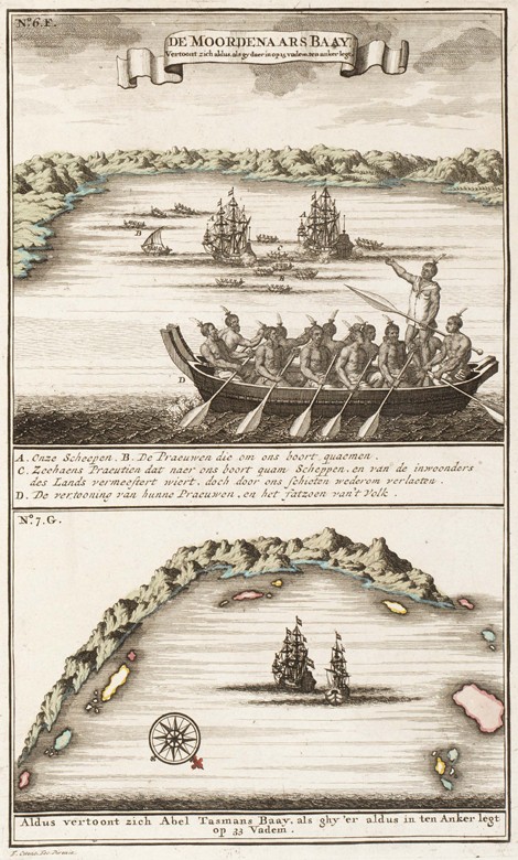 View of the bay with Maori on the coast of New Zealand. The voyage of Abel Tasman in 1642 à Artiste inconnu