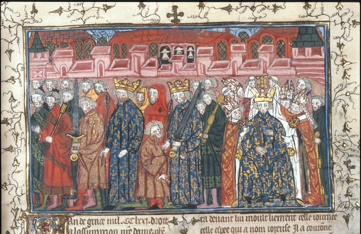 The coronation of Philippe II Auguste in the presence of Henry II of England (From the Chroniques de à Artiste inconnu