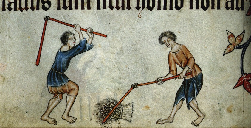 Two men threshing sheaf (From the Luttrell Psalter) à Artiste inconnu