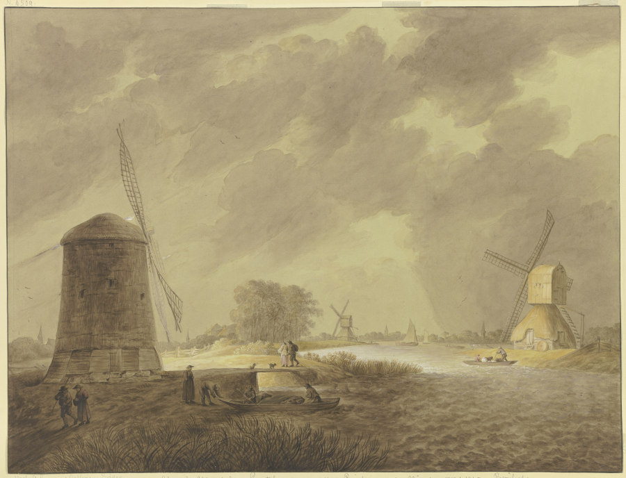 Windmühlen an einem Fluß bei stürmischem trübem Wetter à Ursula Magdalene Reinheimer