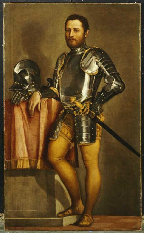Portrait eines Herrn in Rüstung, mit Schwert und Helm. à Paolo Veronese (alias Paolo Caliari)