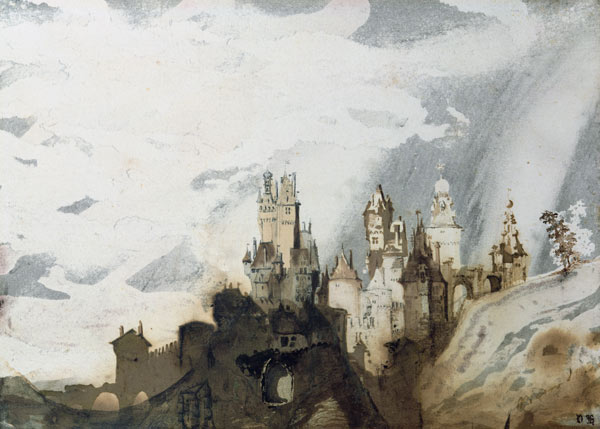Le Gai Chateau (pen & ink, wash and w/c - Victor Hugo en reproduction  imprimée ou copie peinte à l\'huile sur toile