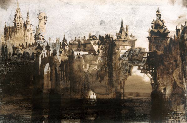 Town with a Broken Bridge (graphite, India ink and sepia on à Victor Hugo