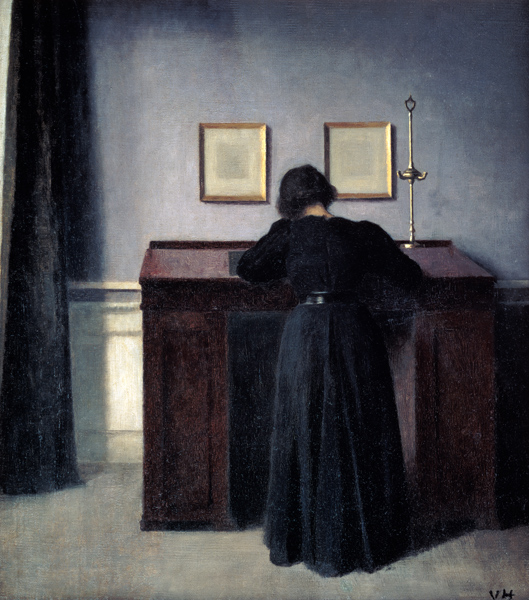 Woman, writing at a high desk. - Vilhelm Hammershoi