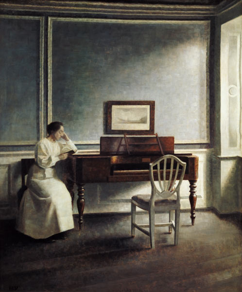 Woman, reading next to a piano in a book - Vilhelm Hammershoi