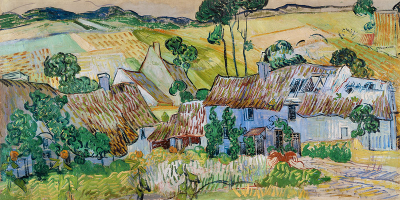 Maisons couvertes devant une colline à Vincent van Gogh