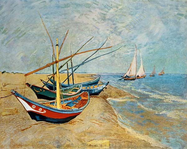 Barques sur la plage aux Saintes-Maries à Vincent van Gogh