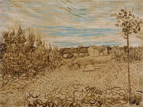 V.v.Gogh, Cottages w.Woman.../Draw./1890 - Vincent van Gogh en reproduction  imprimée ou copie peinte à l\'huile sur toile