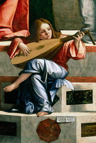 Minstrel angel playing a lute, detail from The Presentation of Jesus in the Temple à Vittore Carpaccio