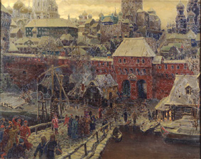 Moskau im 17. Jahrhundert. Die Moskworetzki-Brücke und das Wassertor à Apolinarij Wasnezow
