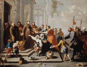 Saint Antoine des Padua distribue le pain à ceux à des bras