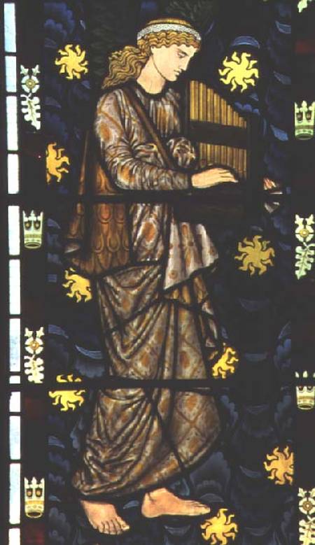 Angel with a portative organ, stained glass window designed à William  Morris