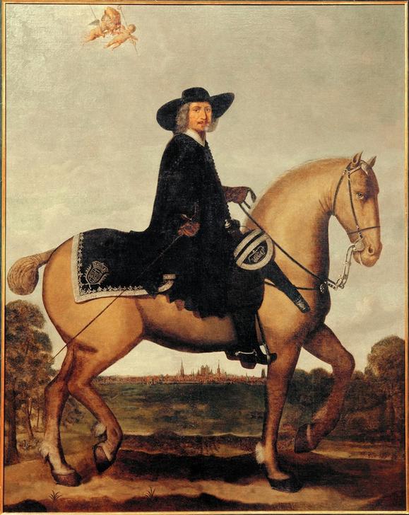 Christoph Bernhard von Galen zu Pferde vor der Silhouette M à Wolfgang Heimbach