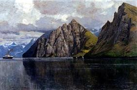 Fjord de pays de Nord avec un navire de vapeur